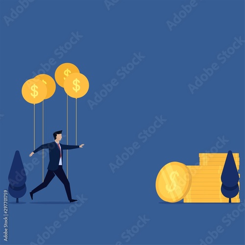 Business flat vector concept man enslave with rope like a puppet by coin metaphor of dollar slave.