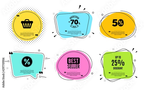 Up to 25% Discount. Best seller, quote text. Sale offer price sign. Special offer symbol. Save 25 percentages. Quotation bubble. Banner badge, texting quote boxes. Discount tag text. Vector