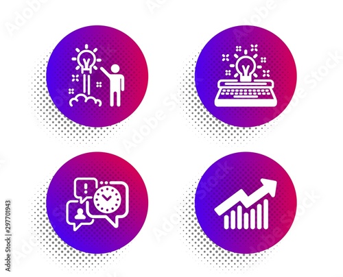 Creative idea  Time management and Typewriter icons simple set. Halftone dots button. Demand curve sign. Startup  Office chat  Inspiration. Statistical report. Education set. Vector