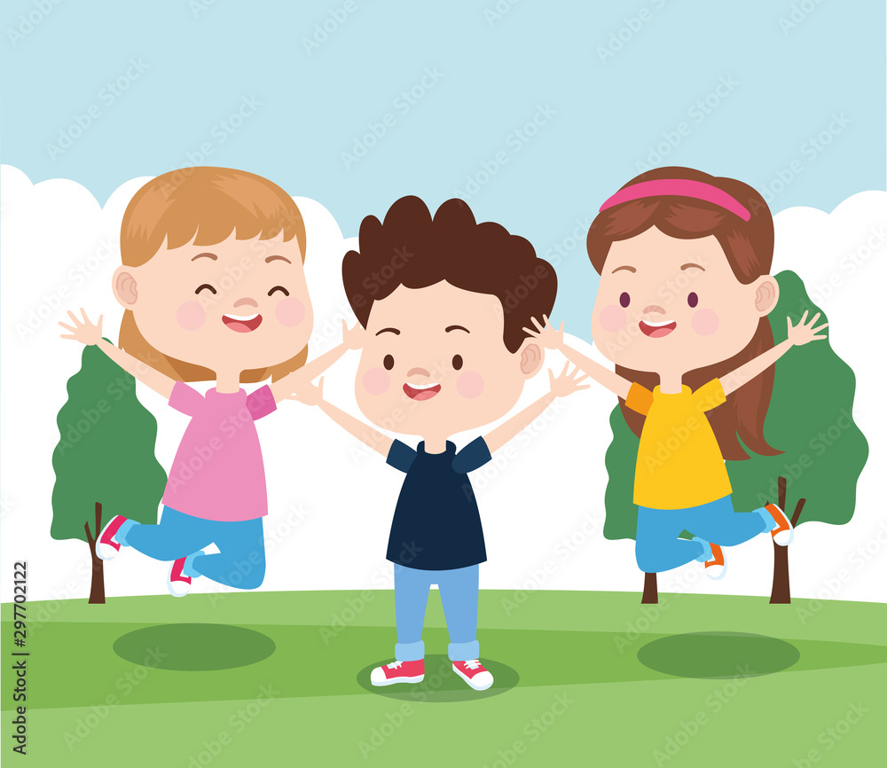 cartoon little kids in the park, colorful design