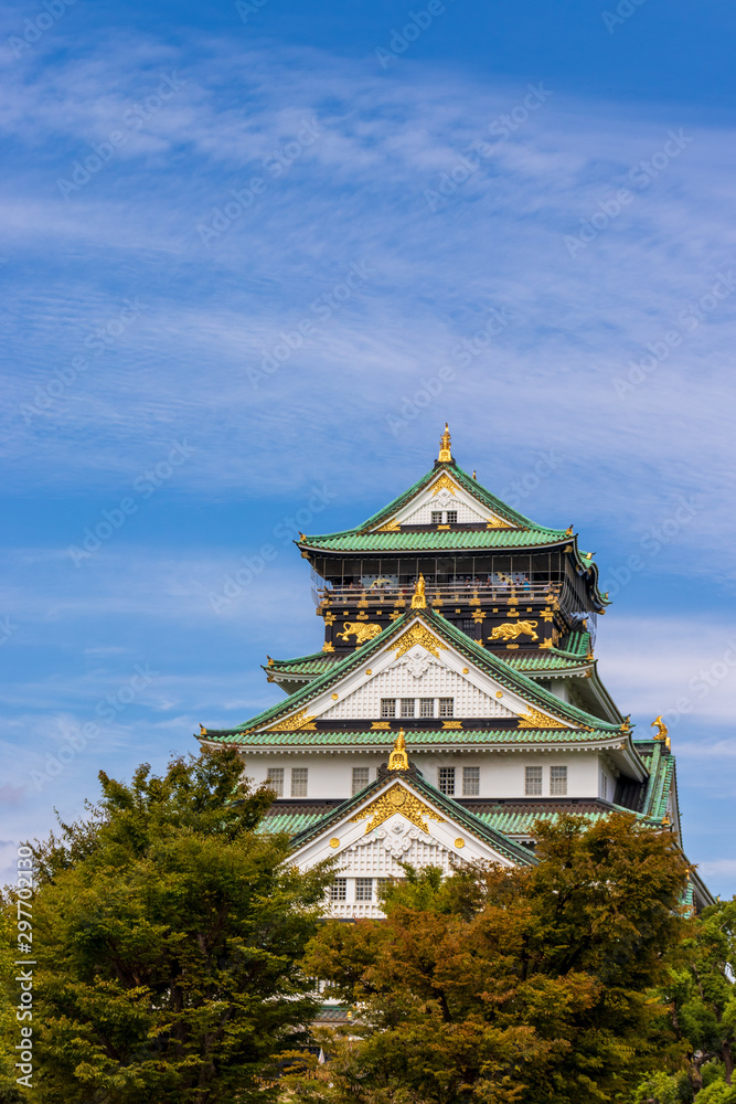 Osaka castle above treeline in Japan Osaka castle above treeline in Japan