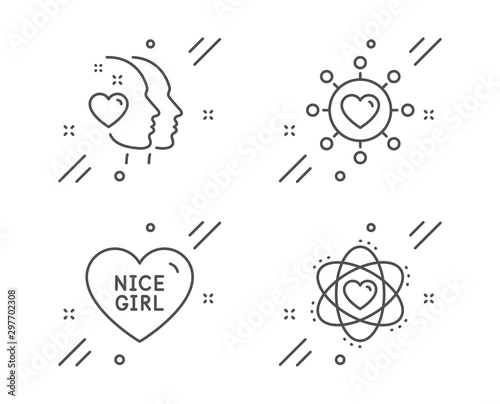 Dating network, Heart and Nice girl line icons set. Atom sign. Relationships network, Love head, Love heart. Electron. Love set. Line dating network outline icon. Vector