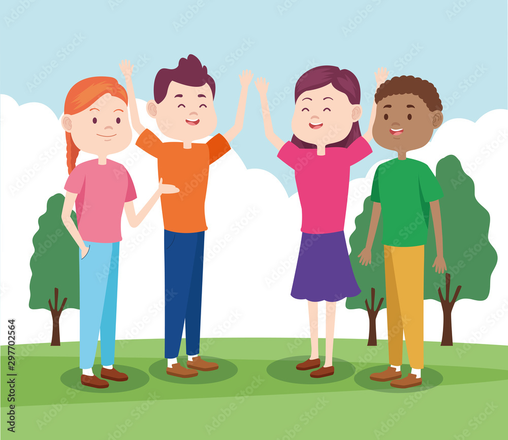cartoon teenage friends in the park, colorful design