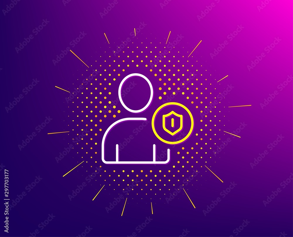 User Protection line icon. Halftone pattern. Profile Avatar with shield sign. Person silhouette symbol. Gradient background. Security line icon. Yellow halftone pattern. Vector