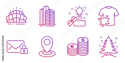Secure mail, Arena stadium and Dirty t-shirt line icons set. Currency, Skyscraper buildings and Location signs. Creative idea, Christmas tree symbols. Private e-mail, Sport complex. Vector