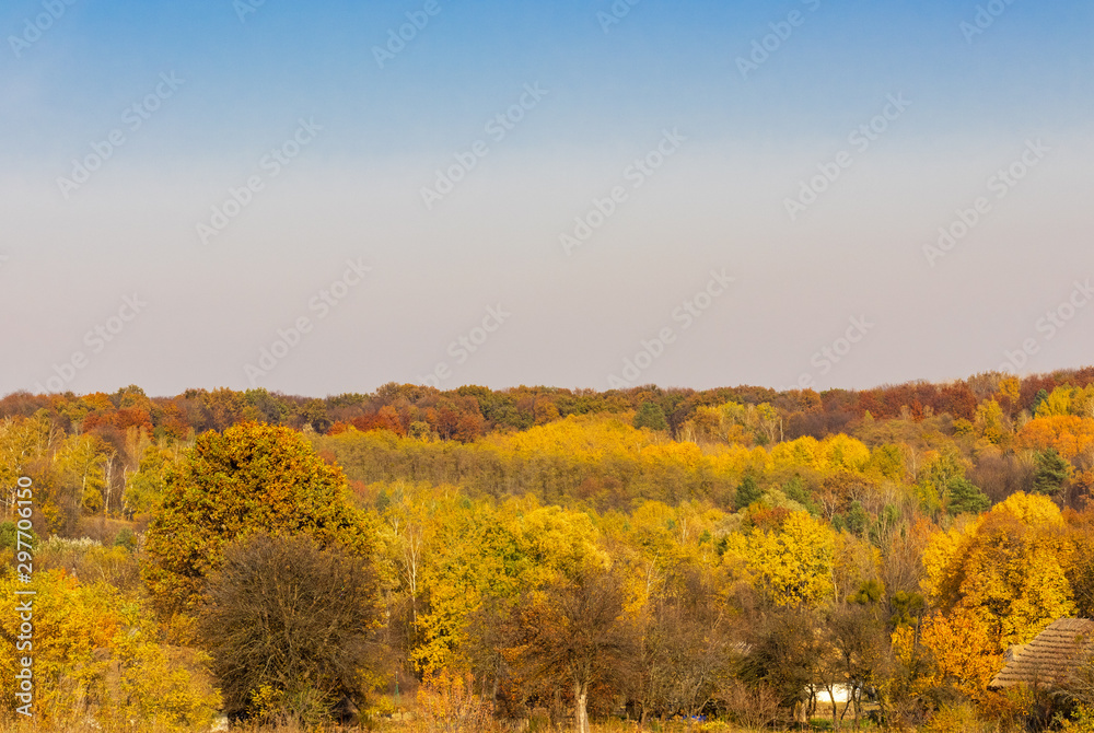 Landscape with yellow trees and Ukrainian village roofs