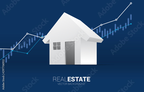 3D home icon with Growth graph background. Concept of success investment and growth in real estate business