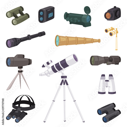 Binoculars vector optical equipment spyglass optics telescope look-see looking far view illustration set of telescopic binocular spy search zoom instrument isolated on white background