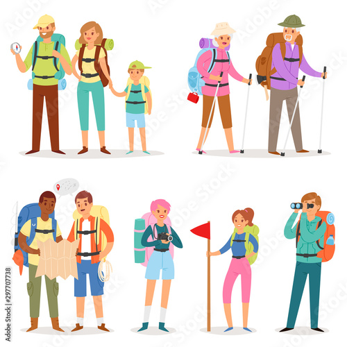Tourist vector traveling people tripper traveler man woman camper character with backpack on vacation illustration set of person hiker on journey adventure isolated on white background