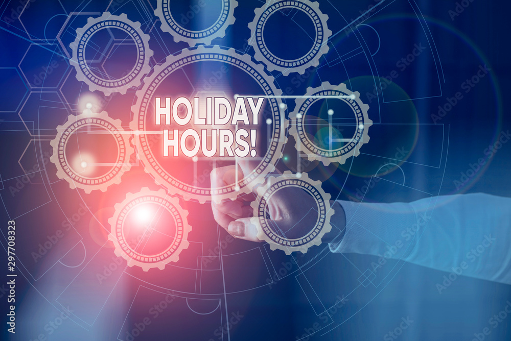 Handwriting text Holiday Hours. Conceptual photo Overtime work on for employees under flexible work schedules Picture photo system network scheme modern technology smart device Handwriting text Holiday Hours. Conceptual photo Overtime work on for employees under flexible work schedules Picture photo system network scheme modern technology smart device