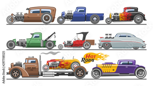 Hot rods car vector vintage classic vehicle and retro auto transport roadster illustration set of hot-rods automobile with fire isolated on white background