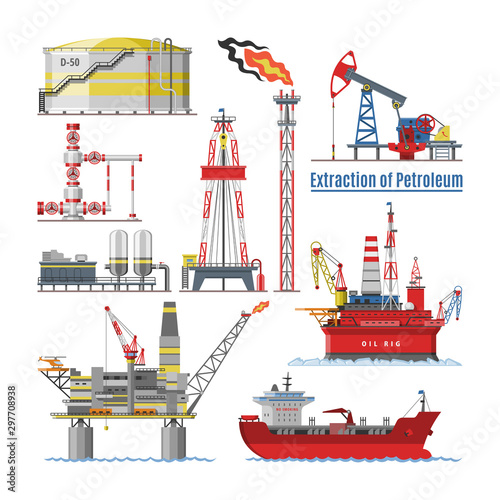 Oil industry vector oily products oiled technology producing drilling fuel petrol petroleum pump oil-rig illustration set of industrial equipment crane ship isolated on white background