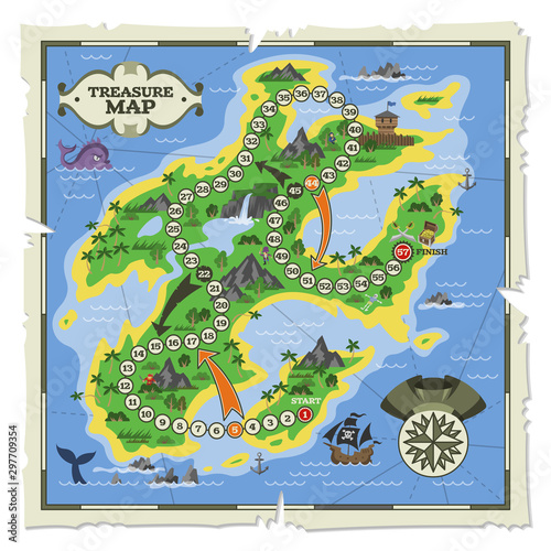 Treasure map vector pirate adventure on island navigation in ocean illustration backdrop of piratic plan with start finish to travel by compass background exploration game wallpaper
