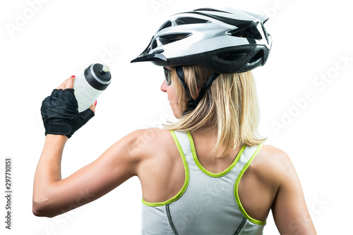 Cyclist drinking a energy sport drink from plastic bottle. Concept Winning in sports. Isolated on white background