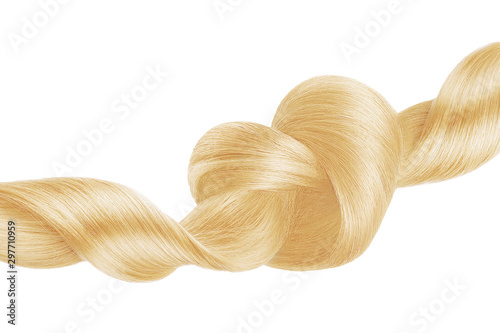 Blond hair knot in shape of heart, isolated on white background