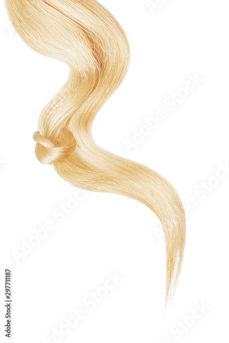 Blond hair knot isolated on white background. Long wavy ponytail