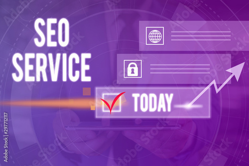 Text sign showing Seo Service. Business photo text techniques and procedures to increase the website visibility Picture photo system network scheme modern technology smart device