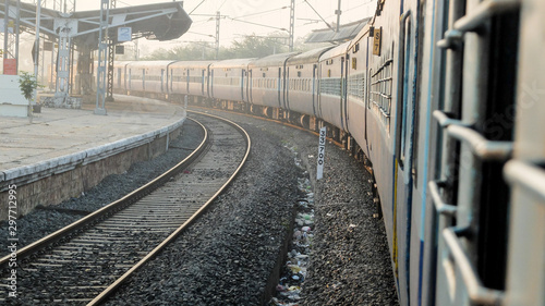 Canvas-taulu Indian railway train,at station platform,view from window at dawn,Tamil Nadu,India