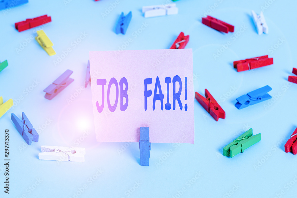 Text sign showing Job Fair. Business photo showcasing event in which employers recruiters give information to employees Colored clothespin papers empty reminder blue floor background office pin Text sign showing Job Fair. Business photo showcasing event in which employers recruiters give information to employees Colored clothespin papers empty reminder blue floor background office pin