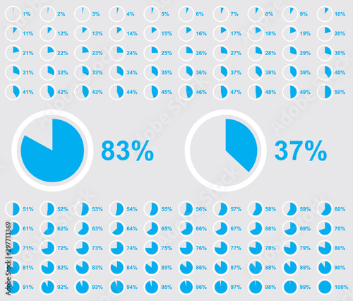 Pie chart full set, circle percentage diagram collection, loading circle icon, isolated on gray background, vector illustration.