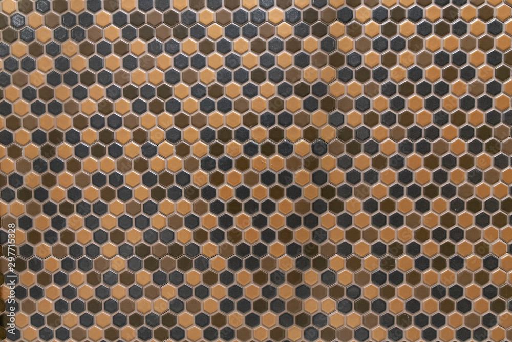 Mosaic texture ceramic tiles, wall decoration, brown, orange, gray background, abstract template, honeycomb hexagonal pattern Mosaic texture ceramic tiles, wall decoration, brown, orange, gray background, abstract template, honeycomb hexagonal pattern