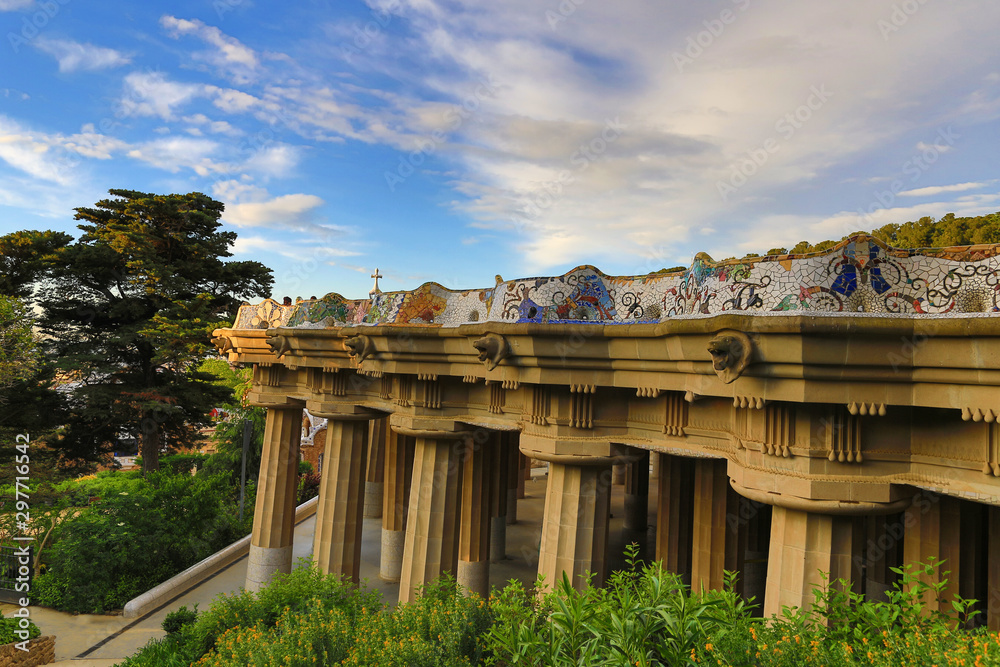 Barcelona, Spain: Park Guell. View of the city from Park Guell in Barcelona sunrise. Park Guell by architect Antoni Gaudi