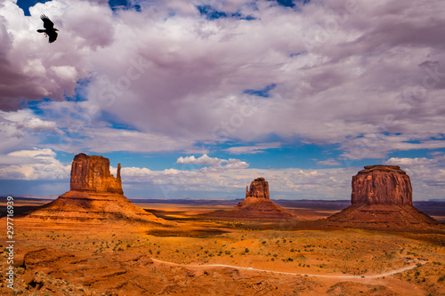 Monument valley daytime with clouds and blackbird flying © Alice Wonderland