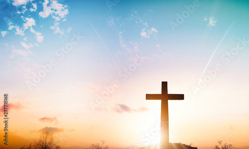 Canvastavla Christmas concept: The cross on mountain sunset background