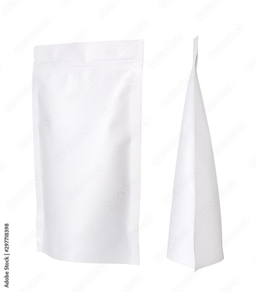 White paper zipper bags packaging. Isolated on white background. White paper zipper bags packaging. Isolated on white background.