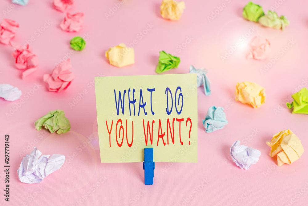 Writing note showing What Do You Want Question. Business concept for say or write in order to ask demonstrating about something Colored crumpled papers empty reminder pink floor background clothespin Writing note showing What Do You Want Question. Business concept for say or write in order to ask demonstrating about something Colored crumpled papers empty reminder pink floor background clothespin