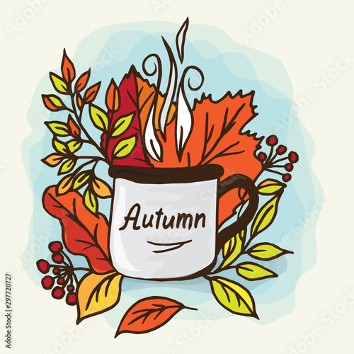 Doodle mug hot near yellow leaves autumn mood and inscription autumn