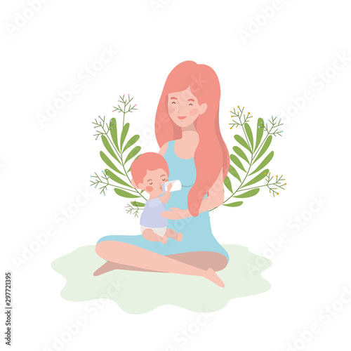 cute pregnancy mother seated with little boy characters