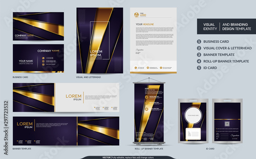 Luxury purple stationery mock up set and visual brand identity with abstract overlap layers background.