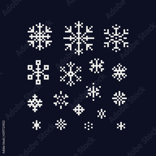 Snowflake pixel art icons set, element design for logo mobile app, stamp, web, sticker. Isolated 80s abstract vector illustration. 1-bit sprites.