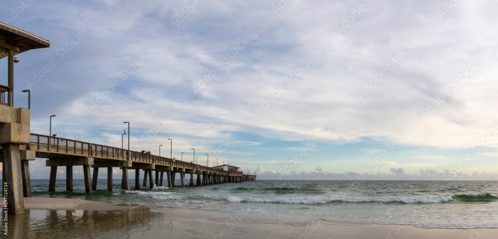 Banner of a fishing pier with twilight sky