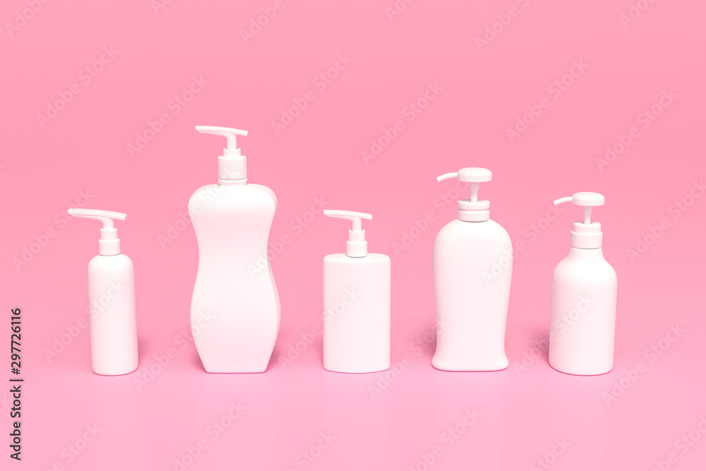 Packaging, Merchandise, Bottle, Accesories for care in row on pink background 3d rendering. Mockup white cosmetic packaging 3d illustration minimal style concept. Packaging, Merchandise, Bottle, Accesories for care in row on pink background 3d rendering. Mockup white cosmetic packaging 3d illustration minimal style concept.