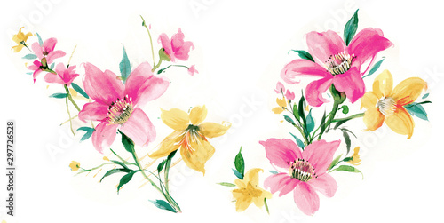 Flowers watercolor illustration.Manual composition.Big Set watercolor elements. © lin