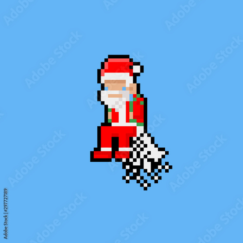 Pixel art cartoon flying santa claus with jetpack.