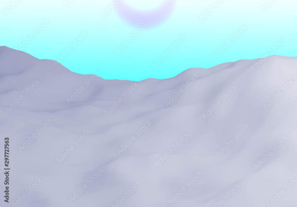close up 3D many white snow on mountain with sun light blue sky background . 3D render