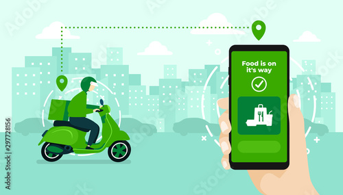 Food delivery service by scooter with courier. Hand holding mobile application tracking a delivery man on a moped. city skyline in the background.