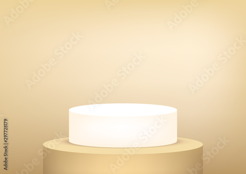 Empty podium studio gold background for product display with copy space. Showroom shoot render. Banner background for advertise product.