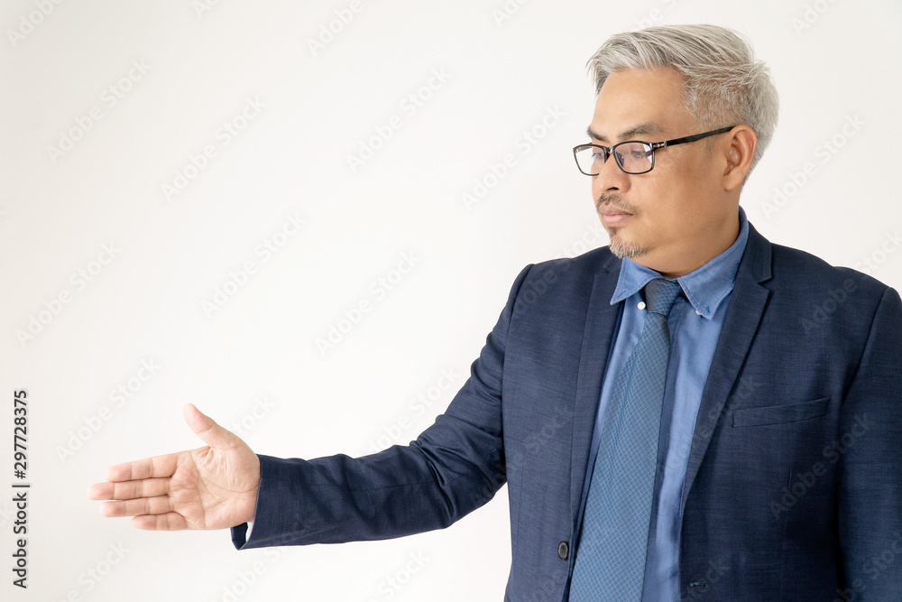 Portrait Confident Asian Business Man Wearing Glasses and Blue Suit Handshaking on White Background Portrait Confident Asian Business Man Wearing Glasses and Blue Suit Handshaking on White Background