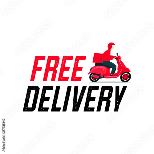 Free Delivery man riding a scooter. Man courier riding scooter with parcel box fast delivery concept.