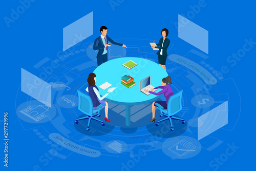 Isometric social network. Growth background with person lines mobile computer tablet and laptop, circles and integrate flat icons. Connected symbols for business digital concepts. Vector illustration