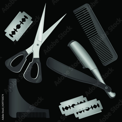 The illustration shows a Barber's tools for a men's salon, on a black background