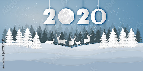 Paper art , cut and digital craft style of Reindeers or deers in village in the snow wintry season with trees as Merry Christmas and Happy New Year 2020 concept. vector illustration EPS10.