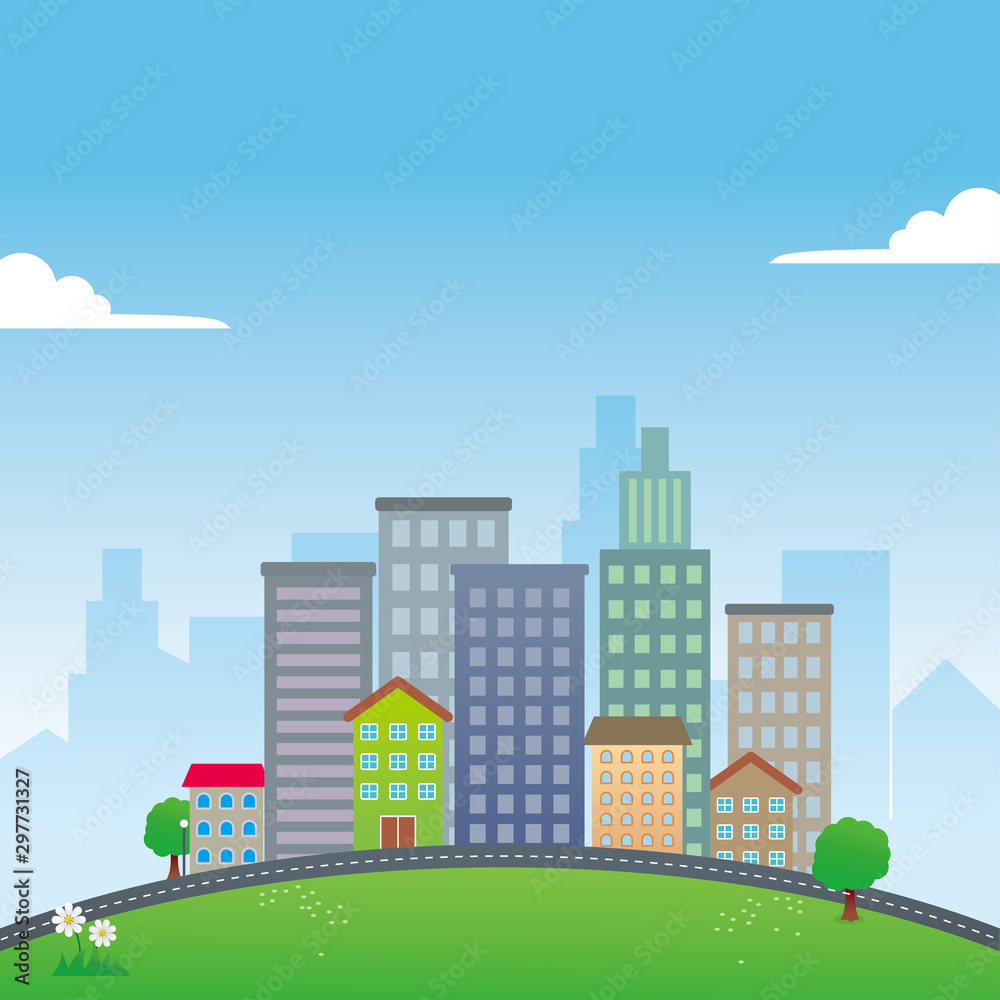 City landscape vector illustration with flat design. 