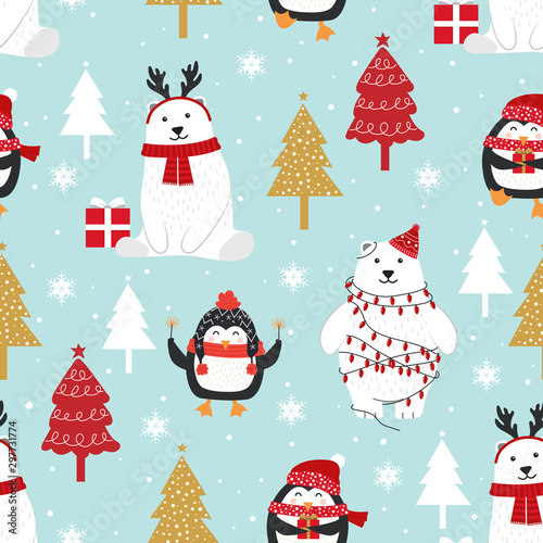 Christmas seamless pattern with polar bear background, Winter pattern with penguin, wrapping paper, pattern fills, winter greetings, web page background, Christmas and New Year greeting cards