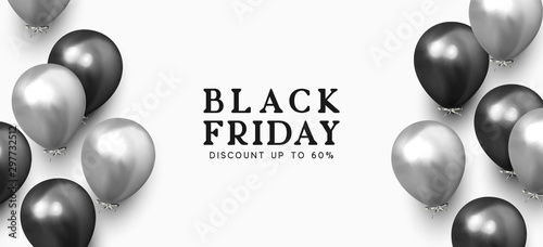 Black Friday sale. Background with black and silver balloons. Holiday banner, web poster, flyer, cover card, Festive celebrate backdrop ballons. Vector illustration