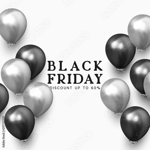 Black Friday sale. Background with black and silver balloons. Holiday banner, web poster, flyer, cover card, Festive celebrate backdrop ballons. Vector illustration